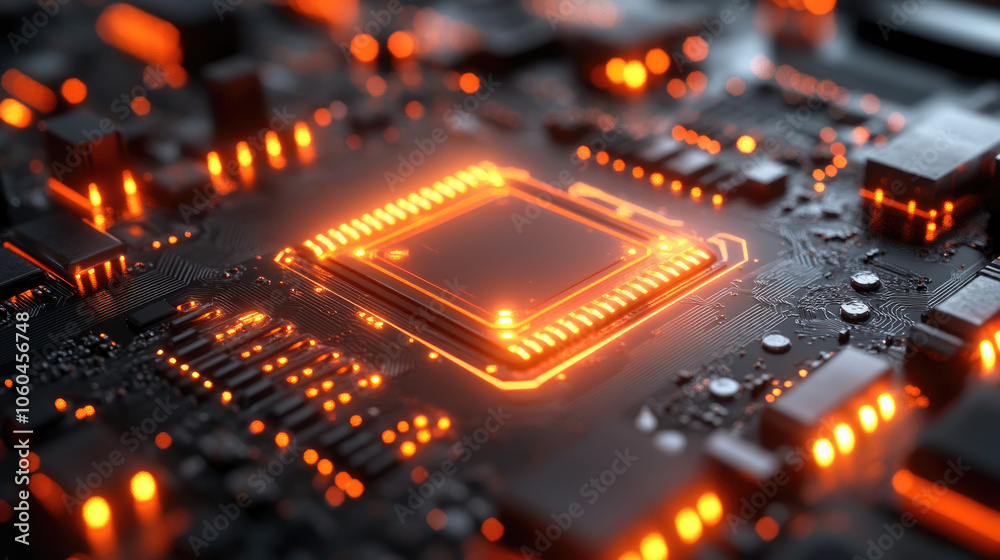 A highly detailed view of a glowing microchip on a circuit board, showcasing advanced electronics and intricate designs in a technology setting A highly detailed view of a glowing microchip on a circuit board, showcasing advanced electronics and intricate designs in a technology setting