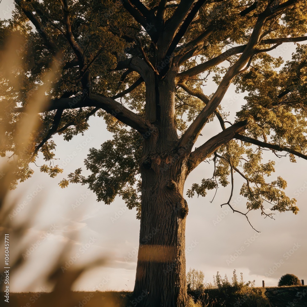 Fototapeta premium Majestic oak tree standing tall against a golden sunset in a tranquil rural landscape, evoking a serene sense of nature's beauty. Generative AI