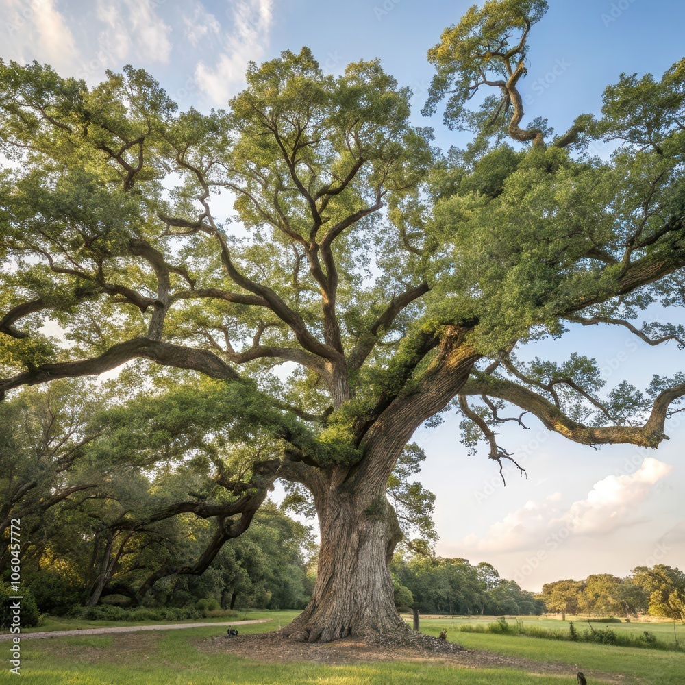Majestic ancient oak tree spreading its branches wide in a tranquil park during golden hour. Generative AI Majestic ancient oak tree spreading its branches wide in a tranquil park during golden hour. Generative AI
