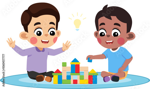 Kid Helping a Friend Build Something With Blocks