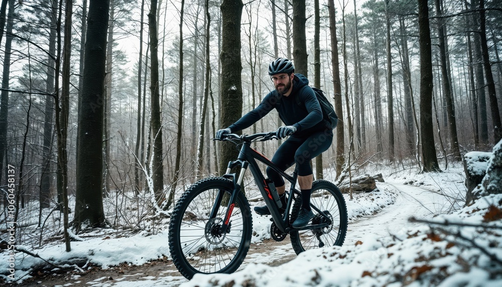 A man is riding a bicycle along a snowy trail that winds through the serene woods, surrounded by tall trees and winter scenery A man is riding a bicycle along a snowy trail that winds through the serene woods, surrounded by tall trees and winter scenery