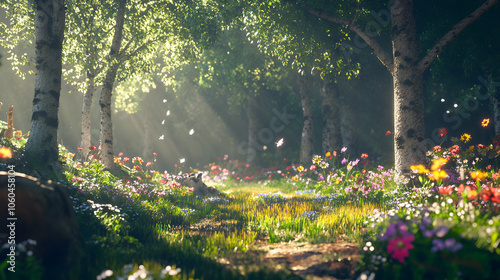 An Enchanting Forest Bathed in Soft Morning Light Filled with Playful Creatures and Colorful Wildflowers photo