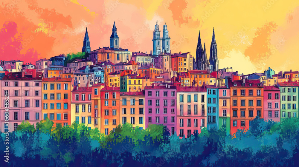 Obraz premium Lyon, France, Pop Art style theme print. Cityscape, city skyline.Vibrant, bright, modern, trendy, graphic designed for poster, card, wallpaper