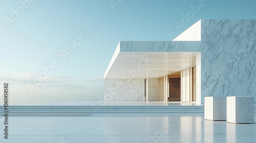 Serene Minimalist Architecture: An Open Space with White Marble Blocks and a Flat Roof Under a Clear Blue Sky, Capturing the Tranquility of Light and Shadow