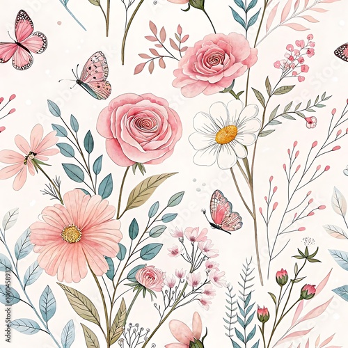 Vintage floral seamless pattern with pink roses for decorative design, inspired by spring and summer, featuring delicate blossoms and leaves in a natural, ornamental style