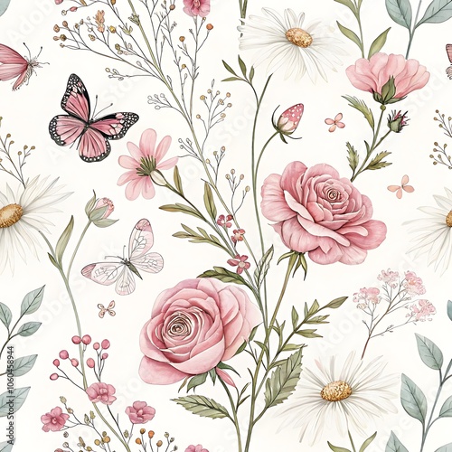 Vintage floral seamless pattern with pink roses for decorative design, inspired by spring and summer, featuring delicate blossoms and leaves in a natural, ornamental style