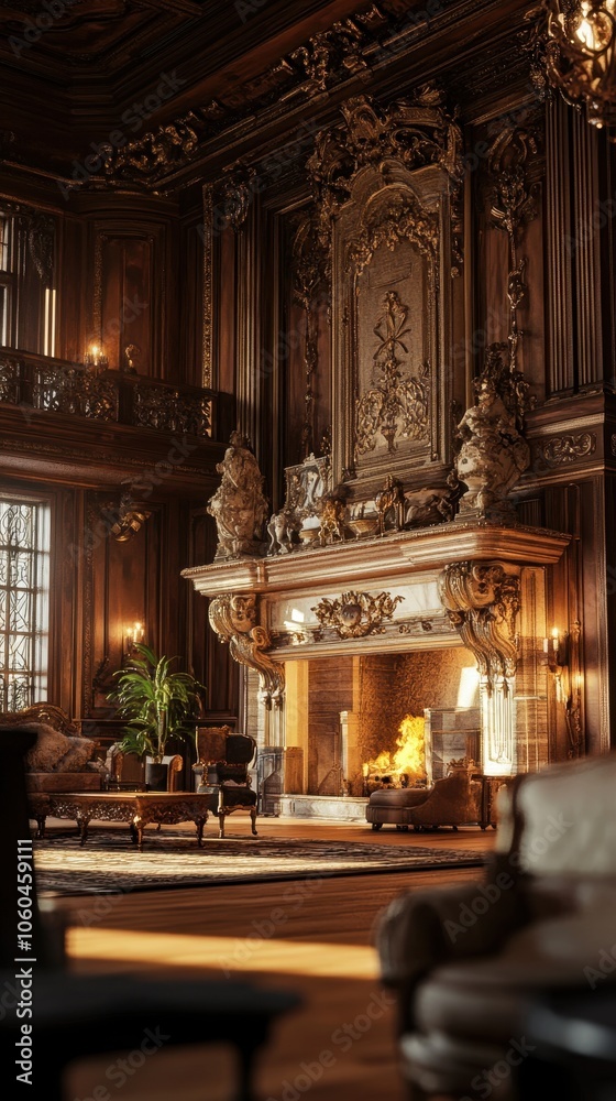 Obraz premium Magnificent Baroque Interior with Ornate Fireplace and Chandeliers