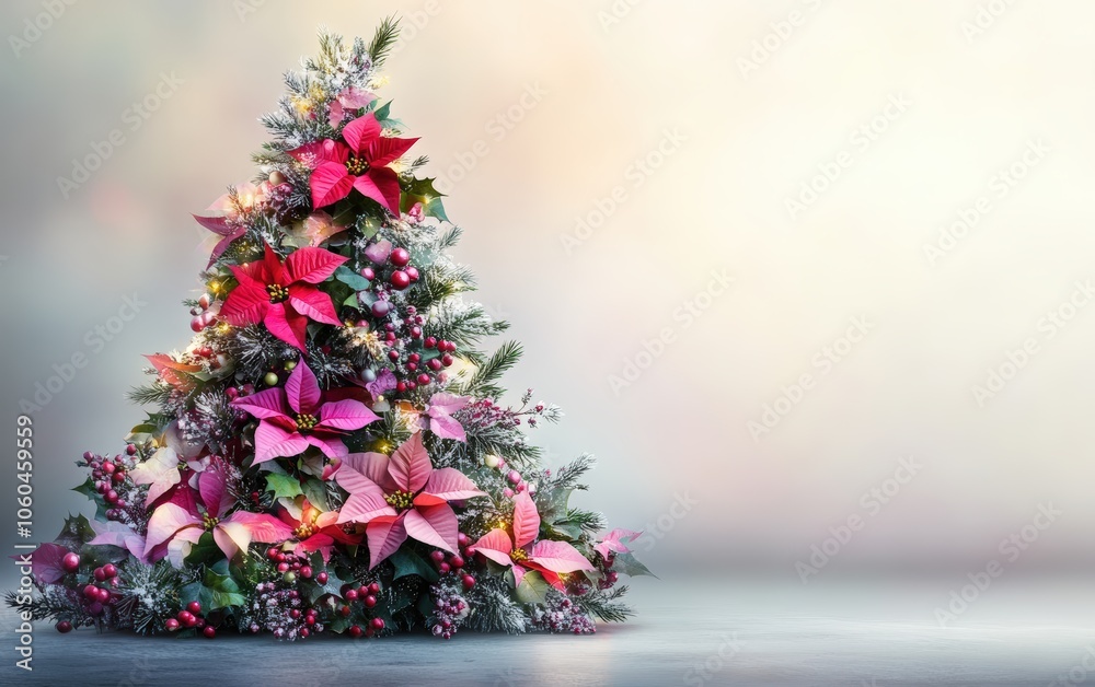 Naklejka premium Floral Christmas Tree Christmas tree made from colorful winter flowers like poinsettias, holly berries, and pine branches, with a soft gradient background 