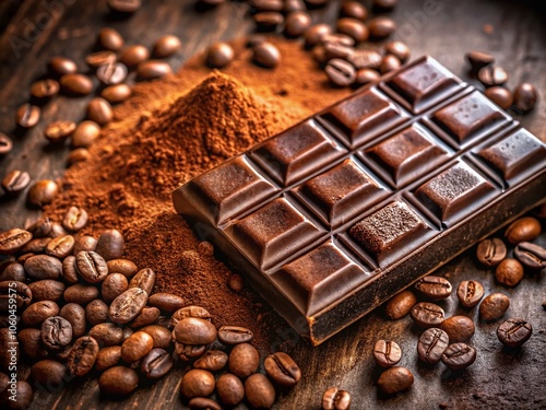 Chocolate Bar Surrounded by Rich Cocoa Powder and Coffee Beans for Delicious Dessert Inspiration