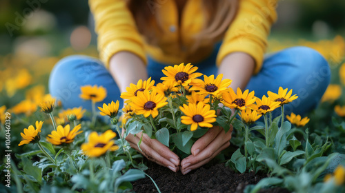 Fototapeta Naklejka Na Ścianę i Meble -  A gardener carefully plants bright yellow flowers in rich soil, surrounded by a lush garden on a sunny day