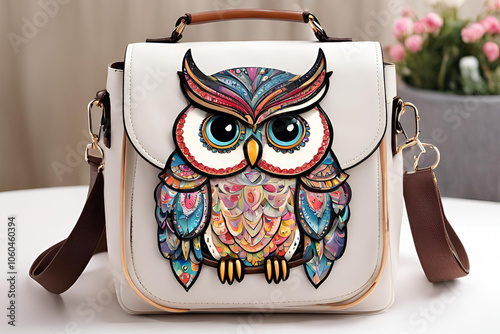 Fashion cartoon owl handbag white background photo