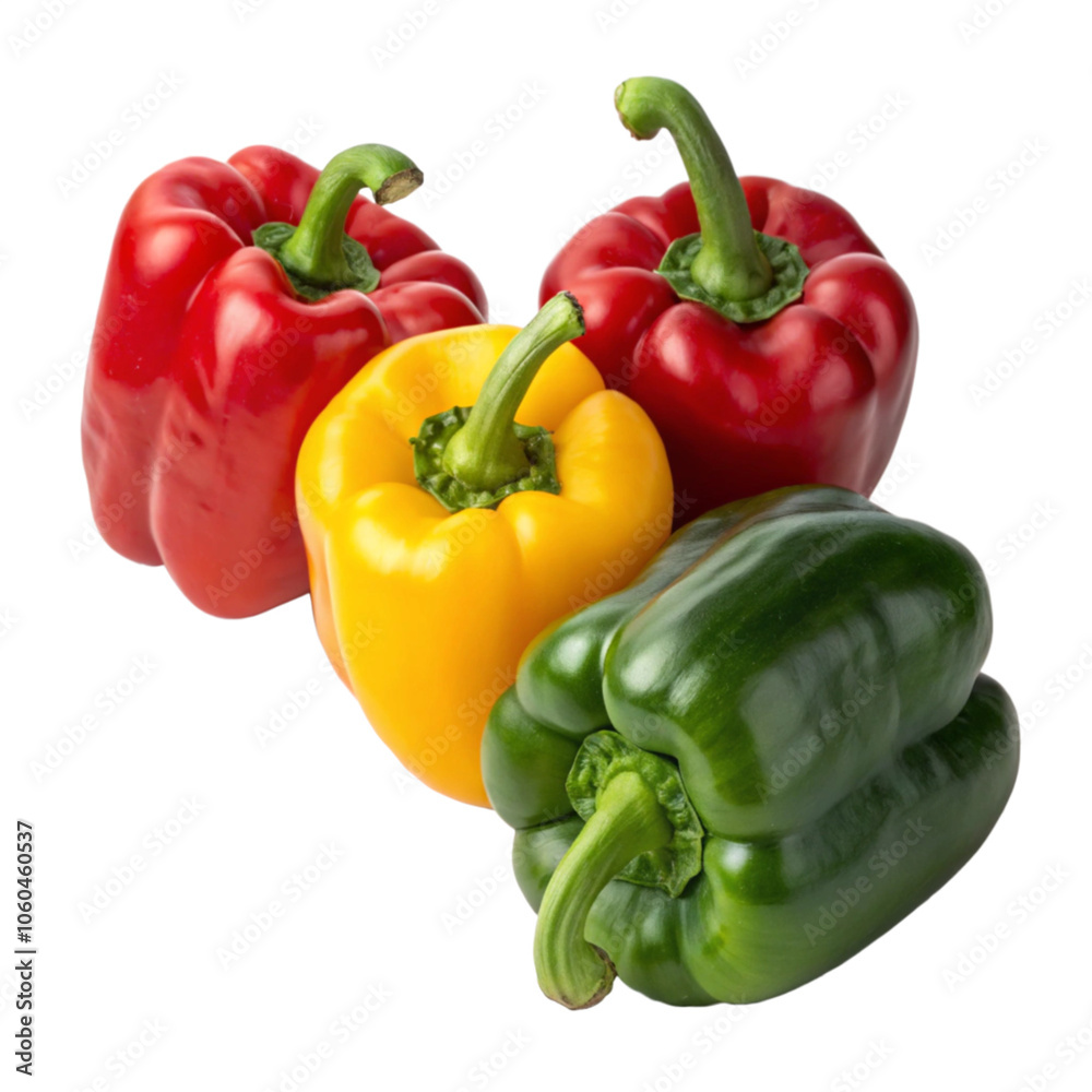Red Yellow and Green Bell Peppers Isolated on Transparent Background Red Yellow and Green Bell Peppers Isolated on Transparent Background