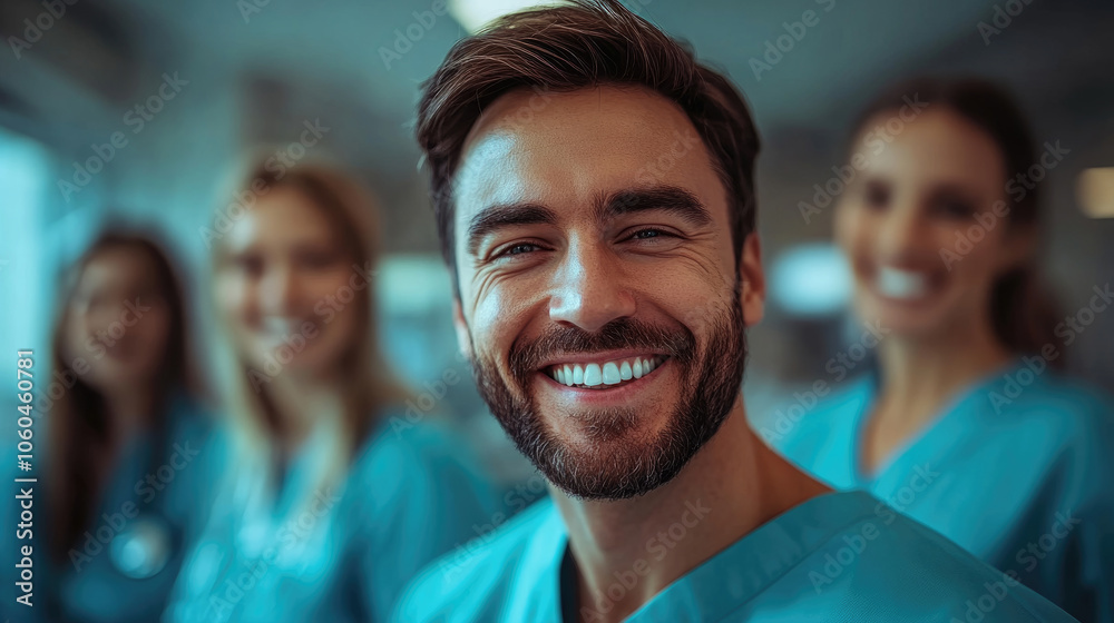 A group of healthcare workers joyfully pose together in scrubs, highlighting camaraderie and dedication in their clinical environment A group of healthcare workers joyfully pose together in scrubs, highlighting camaraderie and dedication in their clinical environment