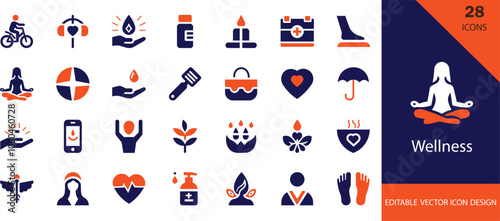Minimal wellness solid icon set featuring self-care symbols, mental health markers, relaxation elements, fitness balance signs, and holistic lifestyle