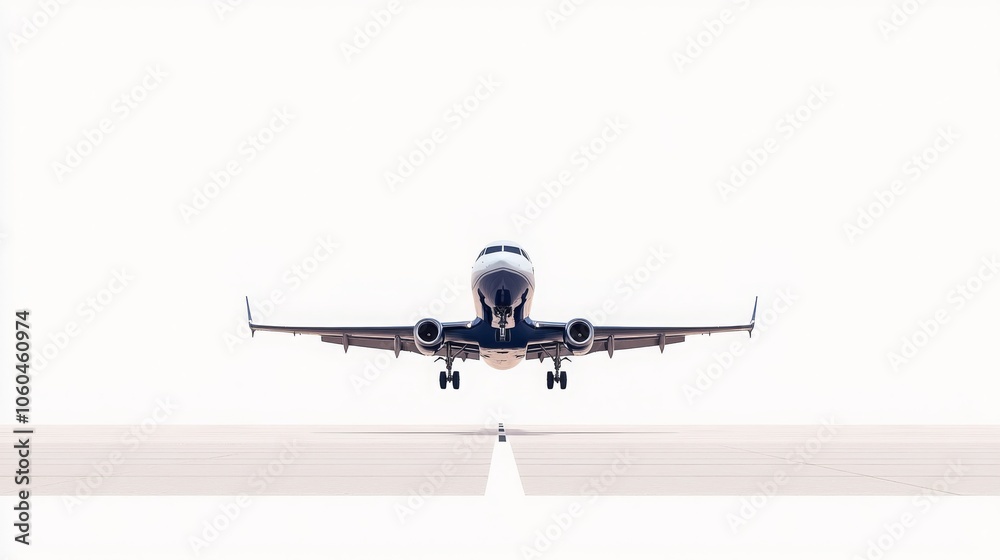 A plane is landing on a runway against a bright, white background, highlighting its approach and flight dynamics. A plane is landing on a runway against a bright, white background, highlighting its approach and flight dynamics.