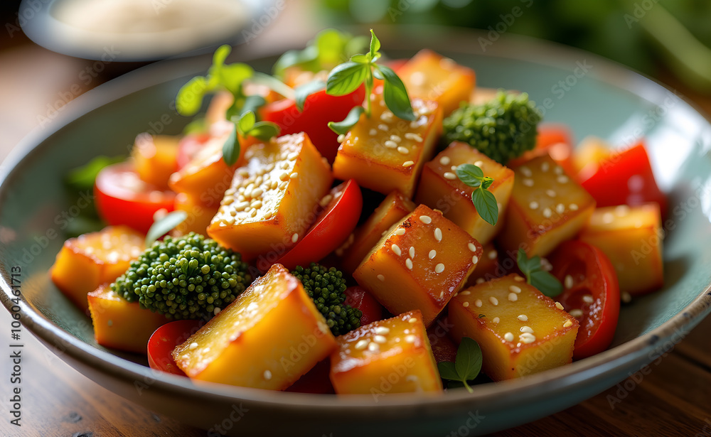 A colorful vegetable stir-fry with tofu and sesame seeds. A colorful vegetable stir-fry with tofu and sesame seeds.