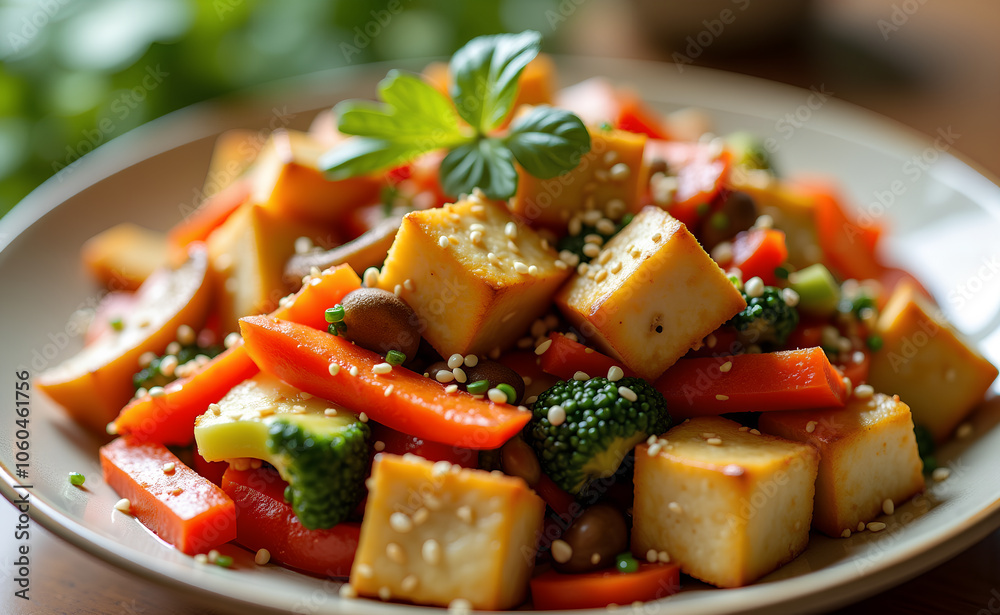 A colorful vegetable stir-fry with tofu and sesame seeds. A colorful vegetable stir-fry with tofu and sesame seeds.
