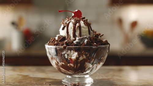 A decadent chocolate brownie sundae topped with vanilla ice cream and a cherry.
