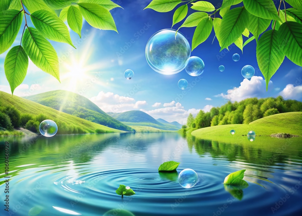 Clean and Fresh Landscape with Logo Elements for Eco-Friendly Cleaning Services - Nature, Greenery, Water, and Peaceful Vibes Clean and Fresh Landscape with Logo Elements for Eco-Friendly Cleaning Services - Nature, Greenery, Water, and Peaceful Vibes