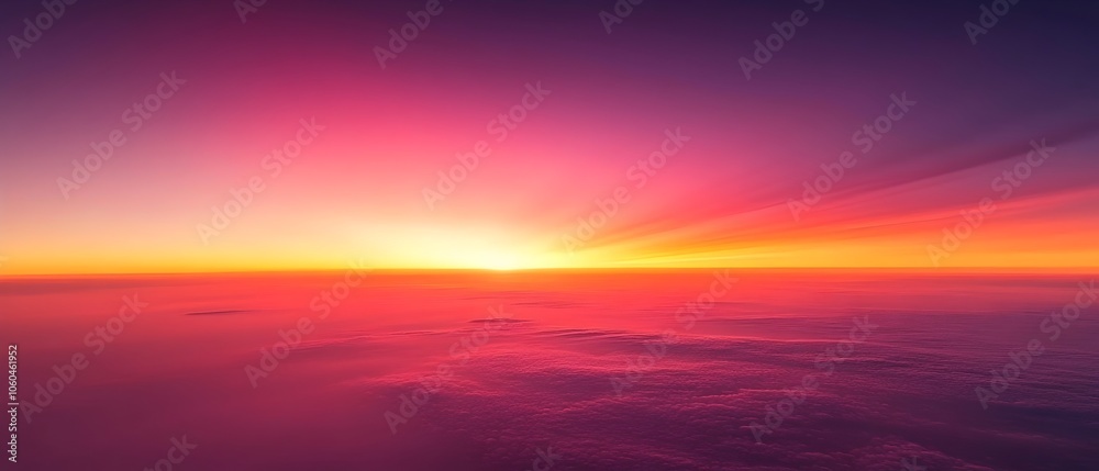 Obraz premium A breathtaking sunset horizon showcasing vibrant hues of purple, pink, and orange above a tranquil sea of clouds, creating a serene and magical atmosphere.