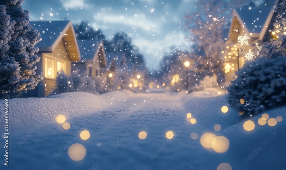 Strolling through a snow-covered residential area, with softly glowing lights in the windows and snowflakes gently falling. Strolling through a snow-covered residential area, with softly glowing lights in the windows and snowflakes gently falling.