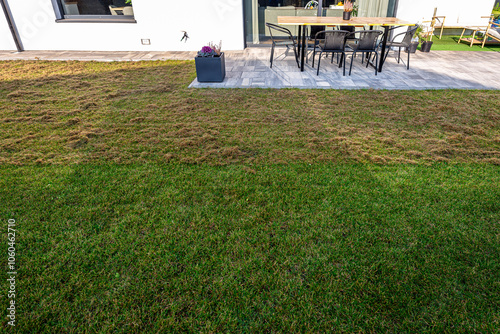 Scarifying the lawn before the winter season using an electric scarifier.