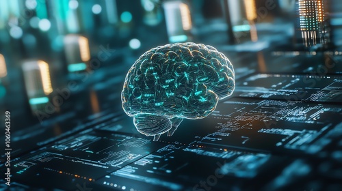 Futuristic digital brain floating over circuit board, symbolizing artificial intelligence, technology, and innovation in computing.