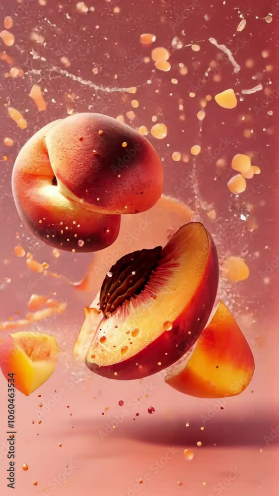 A close up of a peach with a splash of juice surrounding it. Concept of freshness and vitality, as the peach is the center of attention and the juice adds a burst of color and life to the scene