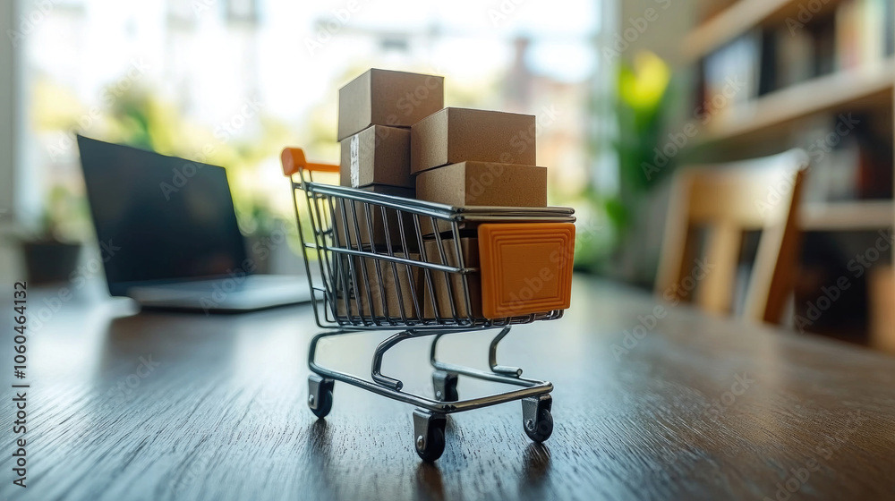 A small shopping cart brimming with cardboard boxes sits on a wooden table in a well-lit workspace featuring a laptop and plants A small shopping cart brimming with cardboard boxes sits on a wooden table in a well-lit workspace featuring a laptop and plants