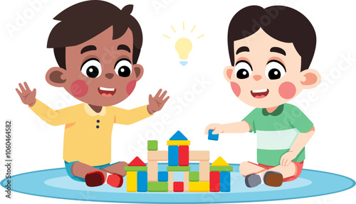 Kid Helping a Friend Build Something With Blocks