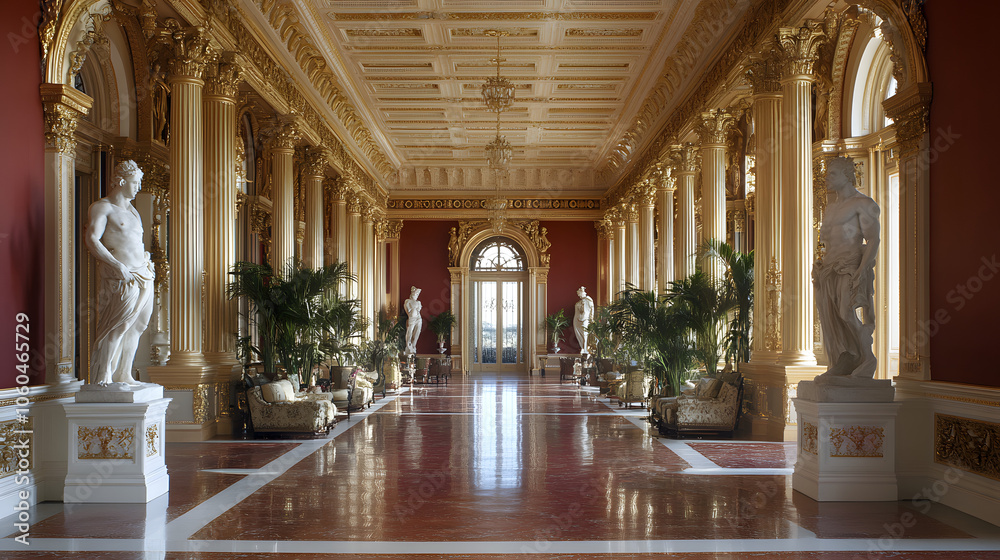 Fototapeta premium Extravagant Reception Hall in French Second Empire Style Featuring Gilded Moldings and Greek Statues in Hyper-Realistic Painting