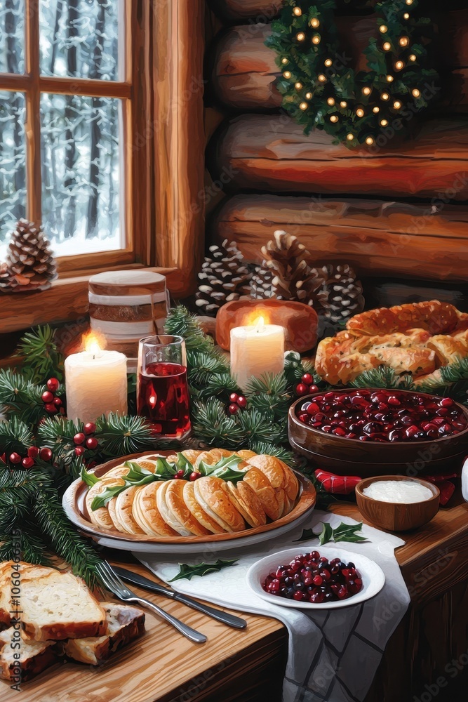 A cozy winter feast with delicious food, candles, and festive decorations by a rustic wooden window. A cozy winter feast with delicious food, candles, and festive decorations by a rustic wooden window.