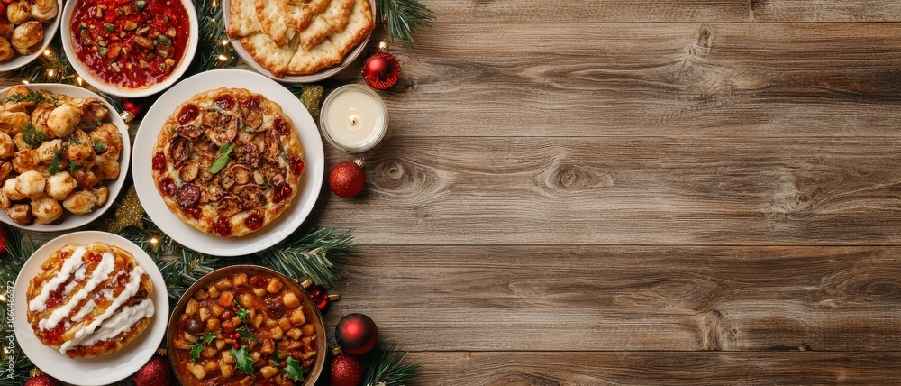 An assortment of festive dishes and desserts arranged on a wooden table, adorned with greenery and decorative elements for a seasonal celebration. An assortment of festive dishes and desserts arranged on a wooden table, adorned with greenery and decorative elements for a seasonal celebration.