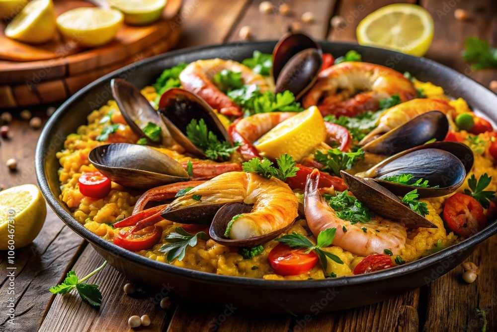 Close-Up of Vibrant Paella with Shrimp, Mussels, Chorizo and Fresh Vegetables in Tilt-Shift Photography for Food Lovers, Culinary Enthusiasts, and Gastronomy Aficionados Close-Up of Vibrant Paella with Shrimp, Mussels, Chorizo and Fresh Vegetables in Tilt-Shift Photography for Food Lovers, Culinary Enthusiasts, and Gastronomy Aficionados