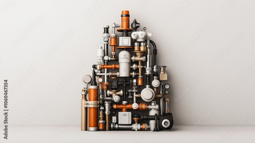 Assortment of various plumbing components and pipes arranged in a compact, organized manner against a plain background Assortment of various plumbing components and pipes arranged in a compact, organized manner against a plain background