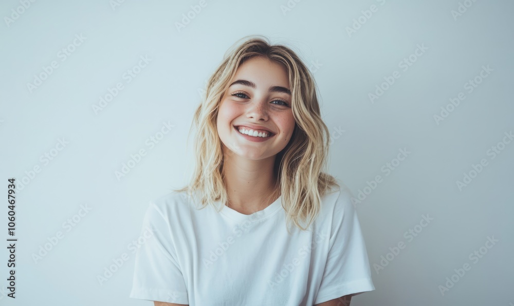 A cheerful young woman with blonde hair, wearing a white T-shirt, smiling and standing against a plain white background A cheerful young woman with blonde hair, wearing a white T-shirt, smiling and standing against a plain white background