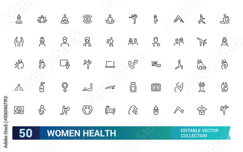 Women Health icon set. Containing pregnancy, gynecology, fitness, wellness, nutrition, care, hormones, and more. Line vector icons collection. Vector illustration.