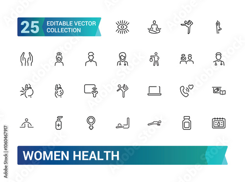Women Health icon set. Containing pregnancy, gynecology, fitness, wellness, nutrition, care, hormones, and more. Line vector icons collection. Vector illustration.