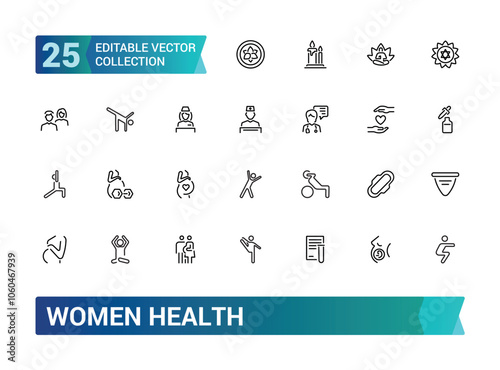 Women Health icon set. Containing pregnancy, gynecology, fitness, wellness, nutrition, care, hormones, and more. Line vector icons collection. Vector illustration.