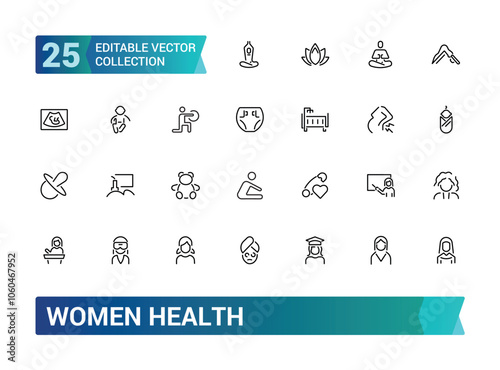 Women Health icon set. Containing pregnancy, gynecology, fitness, wellness, nutrition, care, hormones, and more. Line vector icons collection. Vector illustration.