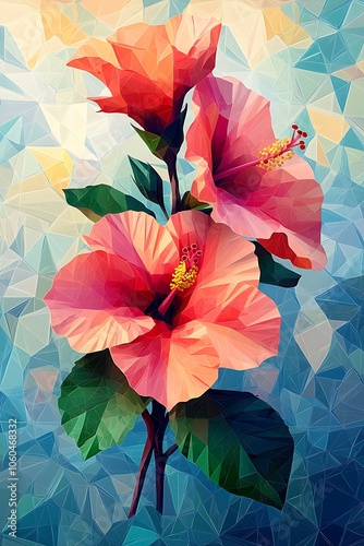 Vibrant hibiscus blooms showcase nature's artistic beauty in a colorful geometric arrangement for all to admire photo