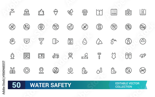Water Safety icon set. Containing life jacket, swimming, lifeguard, flotation device, waves, rescue, danger, and more. Line vector icons collection. Vector illustration.