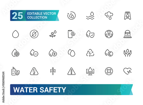 Water Safety icon set. Containing life jacket, swimming, lifeguard, flotation device, waves, rescue, danger, and more. Line vector icons collection. Vector illustration.