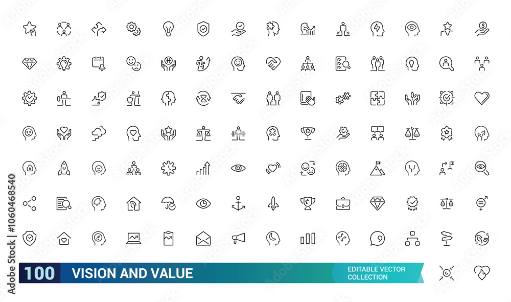 Vision And Value icon collection. Related to business, strategy, future, goals, ethics, direction, clarity, success, and more. Editable stroke. Vector illustration. Vision And Value icon collection. Related to business, strategy, future, goals, ethics, direction, clarity, success, and more. Editable stroke. Vector illustration.