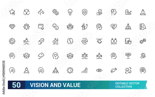 Vision And Value icon collection. Related to business, strategy, future, goals, ethics, direction, clarity, success, and more. Editable stroke. Vector illustration.