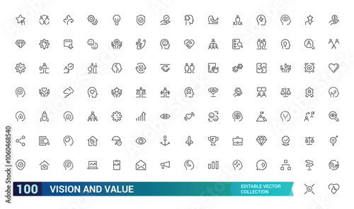 Vision And Value icon collection. Related to business, strategy, future, goals, ethics, direction, clarity, success, and more. Editable stroke. Vector illustration.