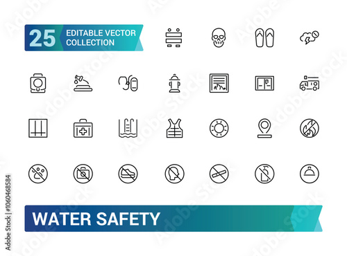 Water Safety icon set. Containing life jacket, swimming, lifeguard, flotation device, waves, rescue, danger, and more. Line vector icons collection. Vector illustration.