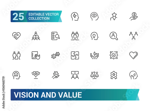 Vision And Value icon collection. Related to business, strategy, future, goals, ethics, direction, clarity, success, and more. Editable stroke. Vector illustration.