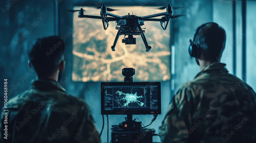 Military personnel monitoring a live feed from an autonomous drone, directing its weapons system remotely. Military personnel monitoring a live feed from an autonomous drone, directing its weapons system remotely.