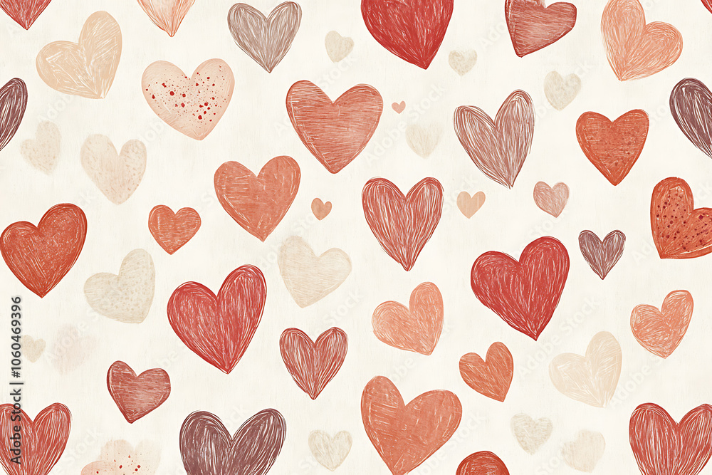 The image showcases a charming background adorned with hand-drawn hearts in various shades of red and white
